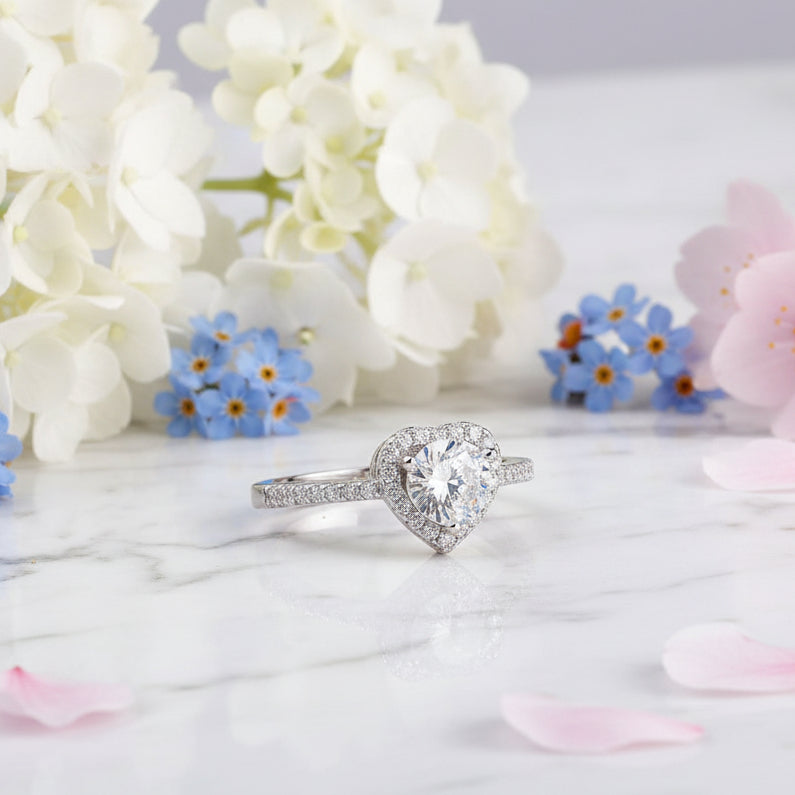 European Diamond Heart 1 Carat Moissanite Diamond Ring set in Platinum Plated 925 Silver (GRA)