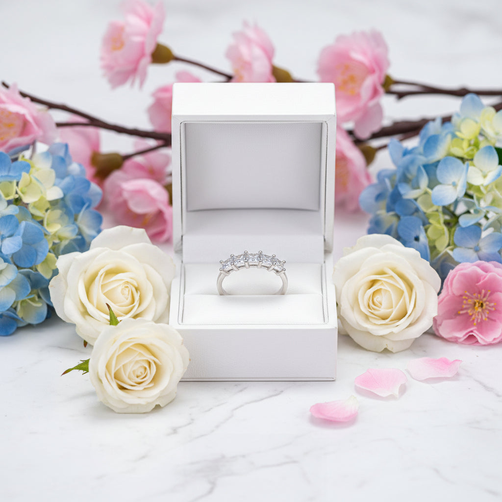 Eternity Five Row 2 Carat Moissanite Diamond Ring set in 18K White Gold Plated 925 Silver (GRA)