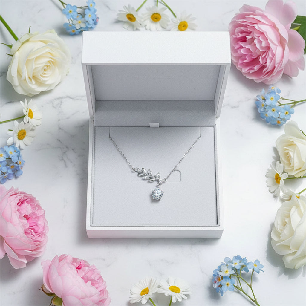 Italian Olive Branch 1 Carat Moissanite Diamond Necklace set in Platinum Plated 925 Silver (GRA)