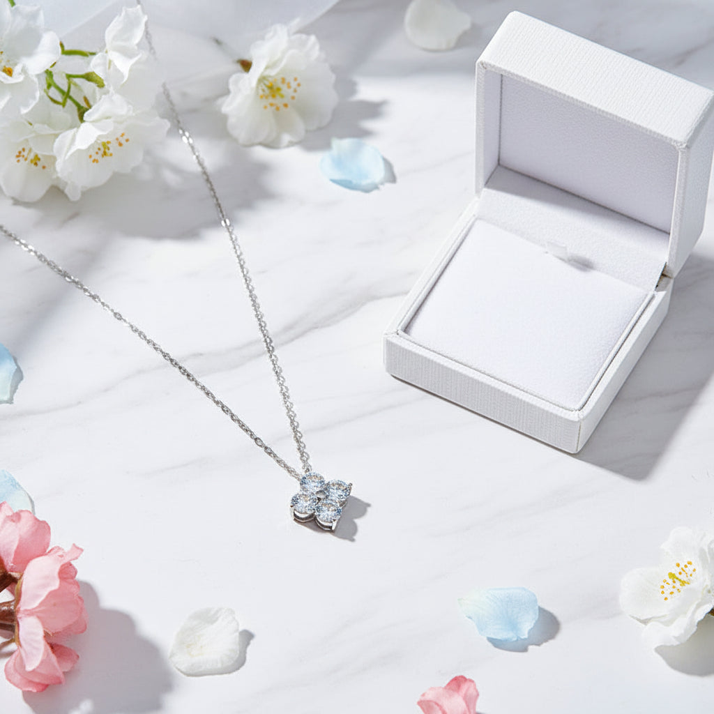 Four-Leaf Clover 2 Ct Moissanite Diamond Pendent set in 18K White Gold Plated 925 Silver (GRA)