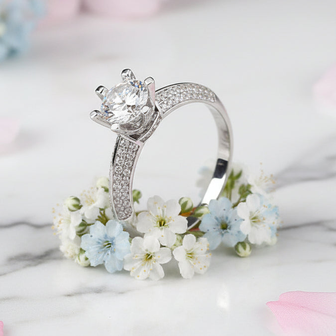 Hearts & Arrows Engagement Ring Pavé Micro Inlay 1 Carat Moissanite Diamond set in Platinum Plated S925 Silver