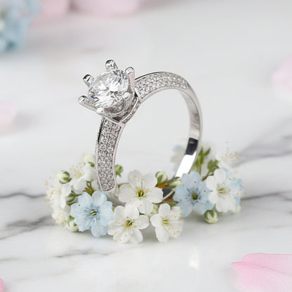 French Hearts & Arrows Pavé Solitaire 1 Carat Moissanite Ring set in Platinum Plated 925 Silver (GRA) Capella Jewellery