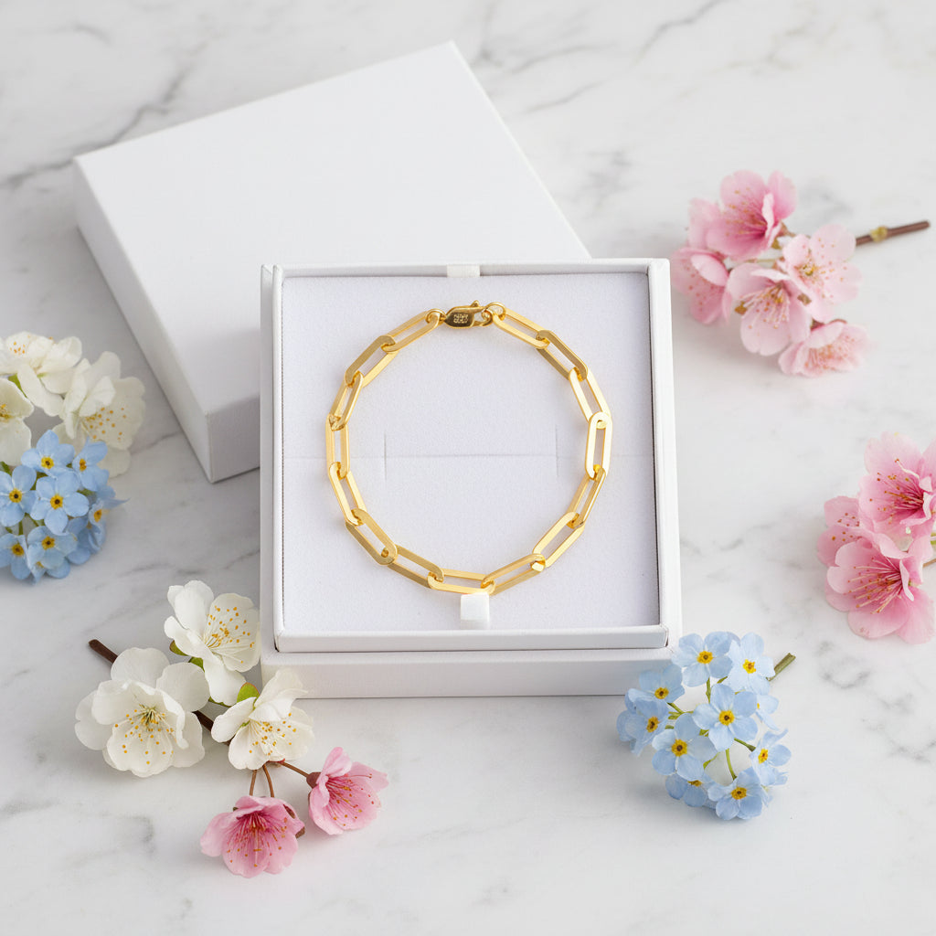 Paper Clip Lattice Chain Design Bracelet set in 14K Gold Plated 925 Sterling Silver