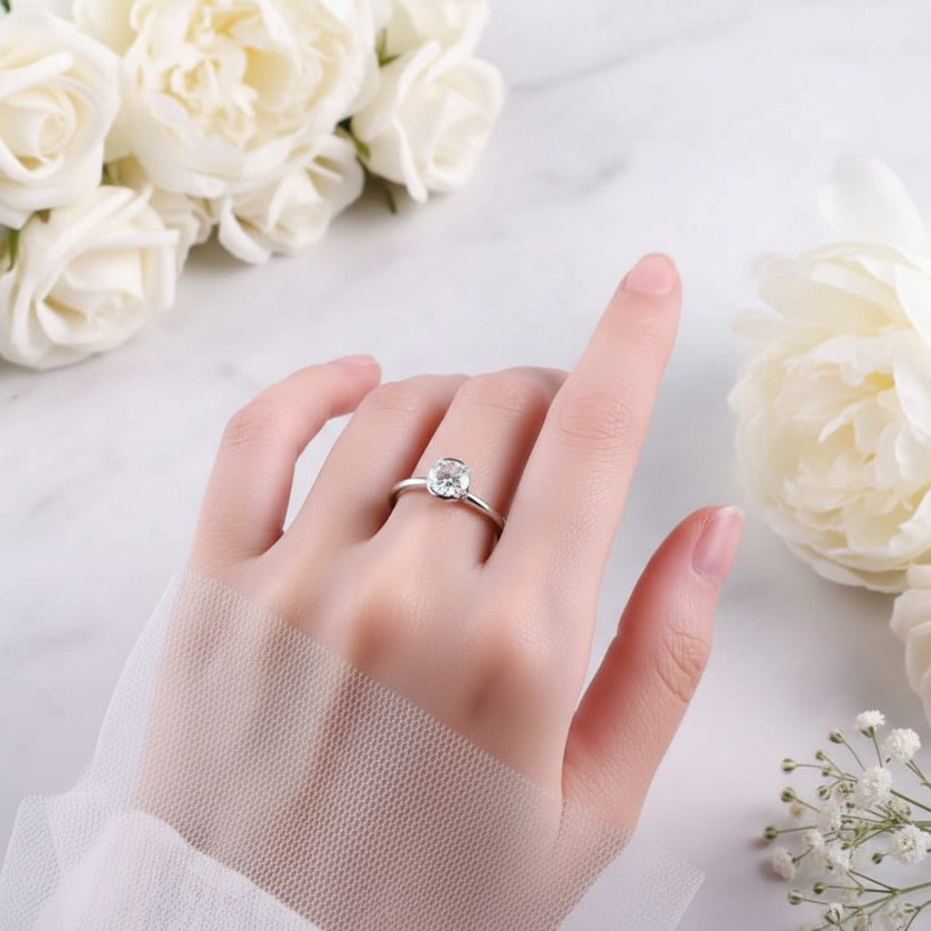 Classic French Round Design 1 Carat Moissanite Diamond Ring set in Platinum Plated 925 Silver (GRA)