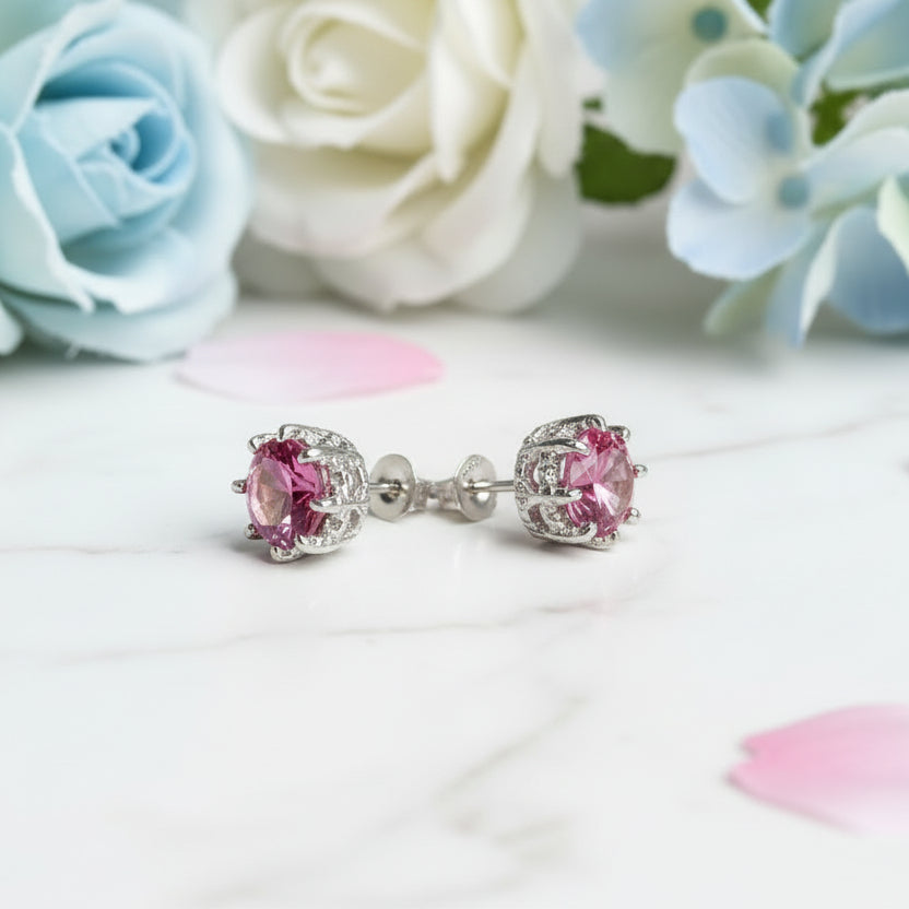 Pink Royal Crown 6mm Topaz Stone Earrings set in 18K White Gold Plated 925 Sterling Silver