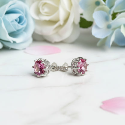 Pink Royal Crown 6mm Topaz Gemstone Earrings set in 18K White Gold Plated 925 Sterling Silver Capella Jewellery