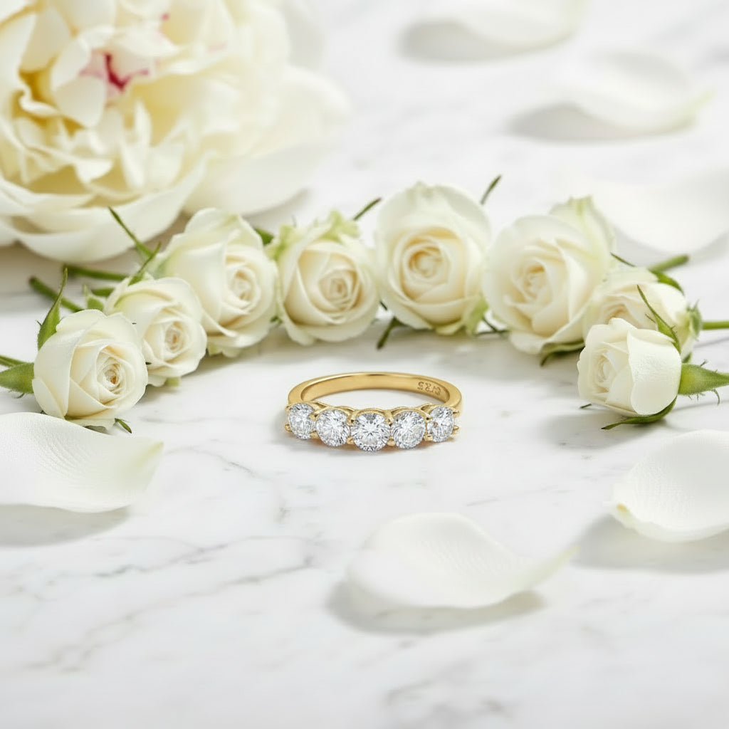 American Five Star Row Design 1.5 Carat Moissanite Diamond Ring set in Platinum Plated 925 Silver