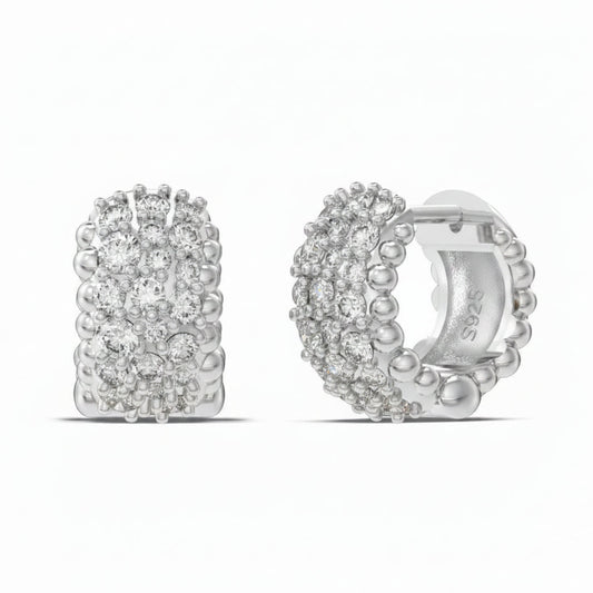 Elegant French Micro Inlaid Natural Zircon Gemstone Barrel Earrings set in Platinum Plated 925 Silver