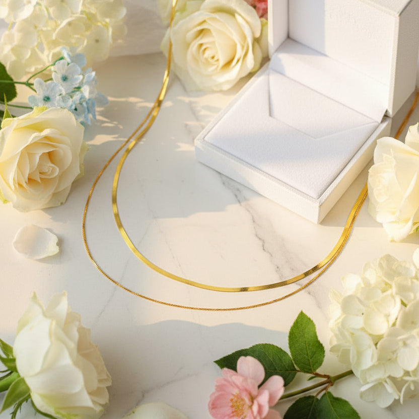 Classic Snake Bone Double-layer Necklace set in 18K Gold Plated 925 Sterling Silver