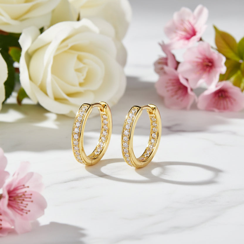 Linear Row Hoop Earrings Micro Moissanite Diamond set in 18K Gold Plated 925 Silver