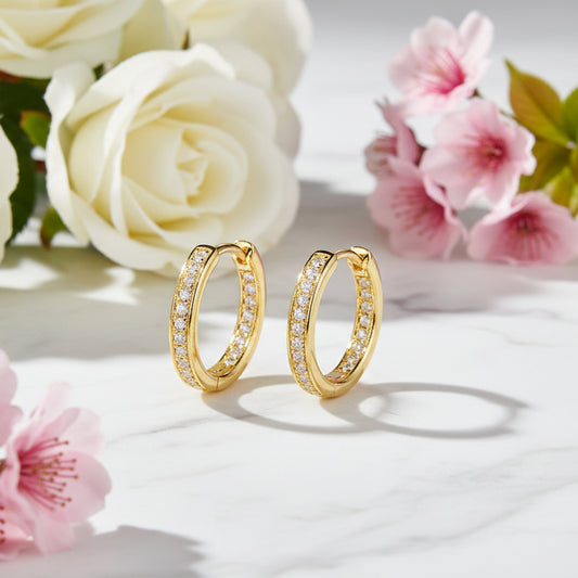 Linear Row European Inspired Hoop Micro Moissanite Diamond Earrings set in 18K Gold Plated 925 Silver