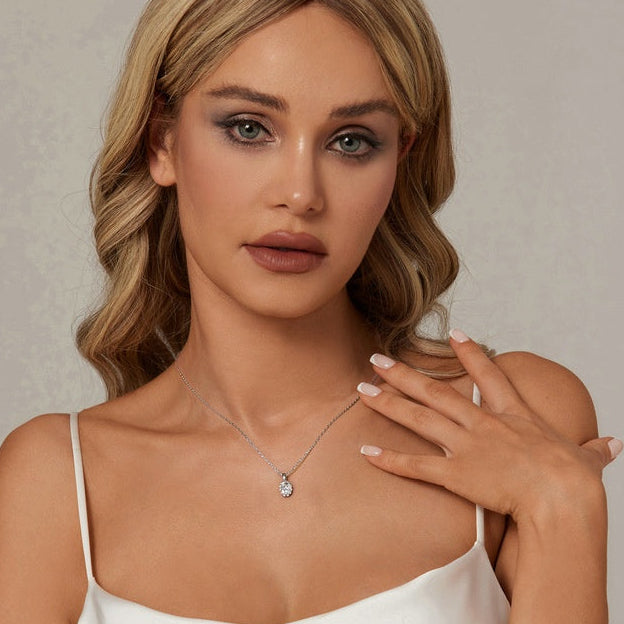 Oval Drop 1 Carat Moissanite Diamond Necklace Set in Platinum Plated 925 Silver (GRA)