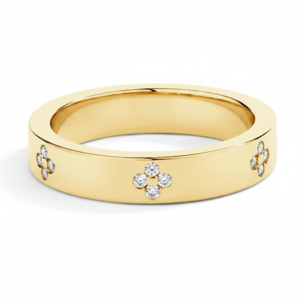 Four Leaf Clover Micro Inlay Natural Zircon Gemstone Ring set in 18K Gold Plated 925 Silver