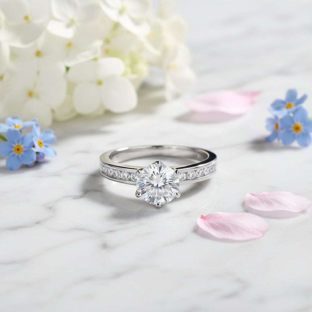 Italian Solitaire Pavé Inlay 1 Carat Moissanite Diamond Ring set in Platinum Plated 925 Silver (GRA)
