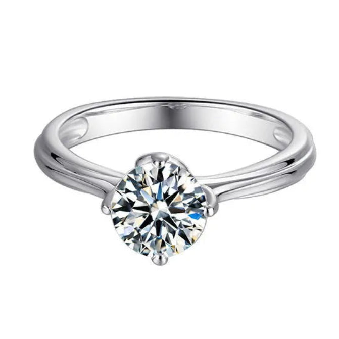 Italian Straight Arm Lotus 1 Carat Moissanite Diamond Ring set in 18K White Gold Plated 925 Silver (GRA)