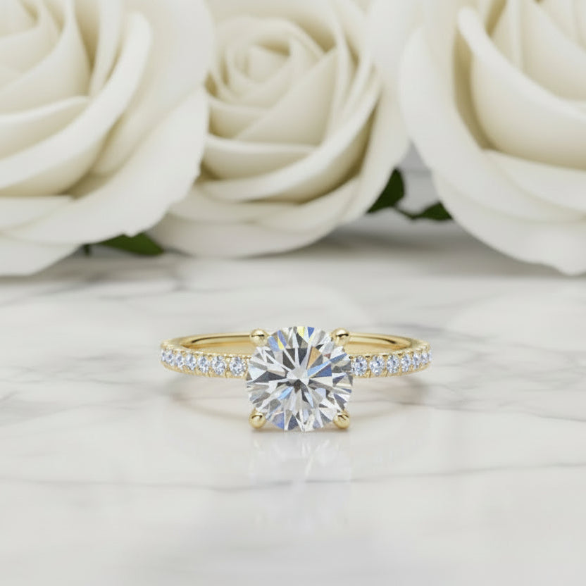European Solitaire Pavé Inlay Sides 2 Carat Moissanite Ring set in 18K White Gold Plated 925 Silver (GRA) Capella Jewellery