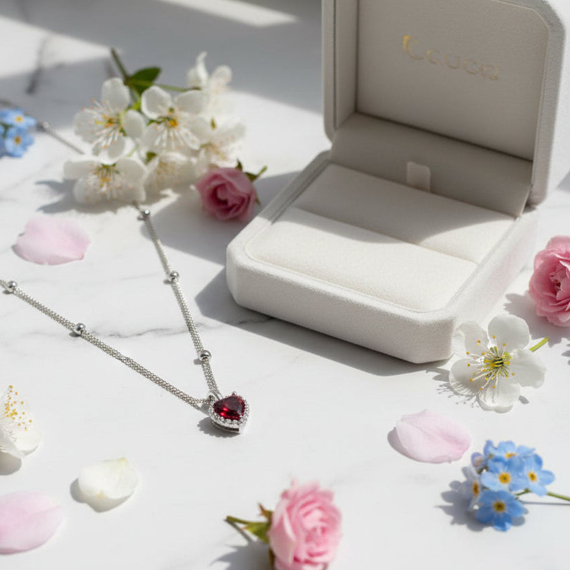 Red Heart Natural Zircon Pendant Necklace set in 18K Gold Plated 925 Sterling Silver