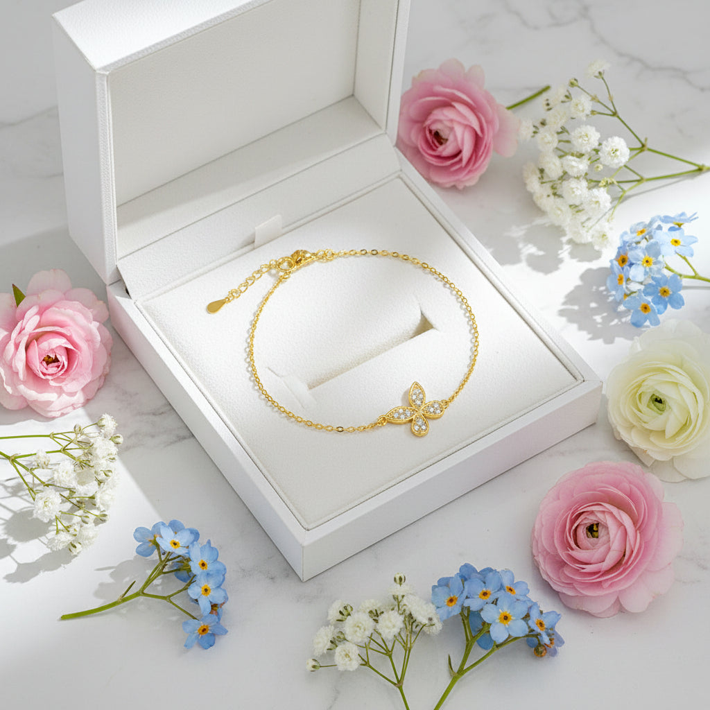 Butterfly Bracelet Micro Inlaid Moissanite Diamonds set in 18K Gold Plated 925 Silver