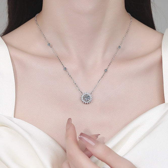 Van Gogh Sunflower 1 Carat Moissanite Diamond Pendant set in Platinum Plated 925 Silver (GRA)