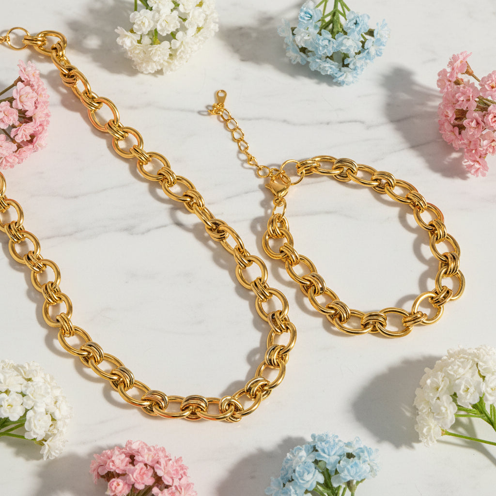 Modern European Geometric Chain INS-Style Necklace and Bracelet set in 18K Gold Plating Capella Jewellery