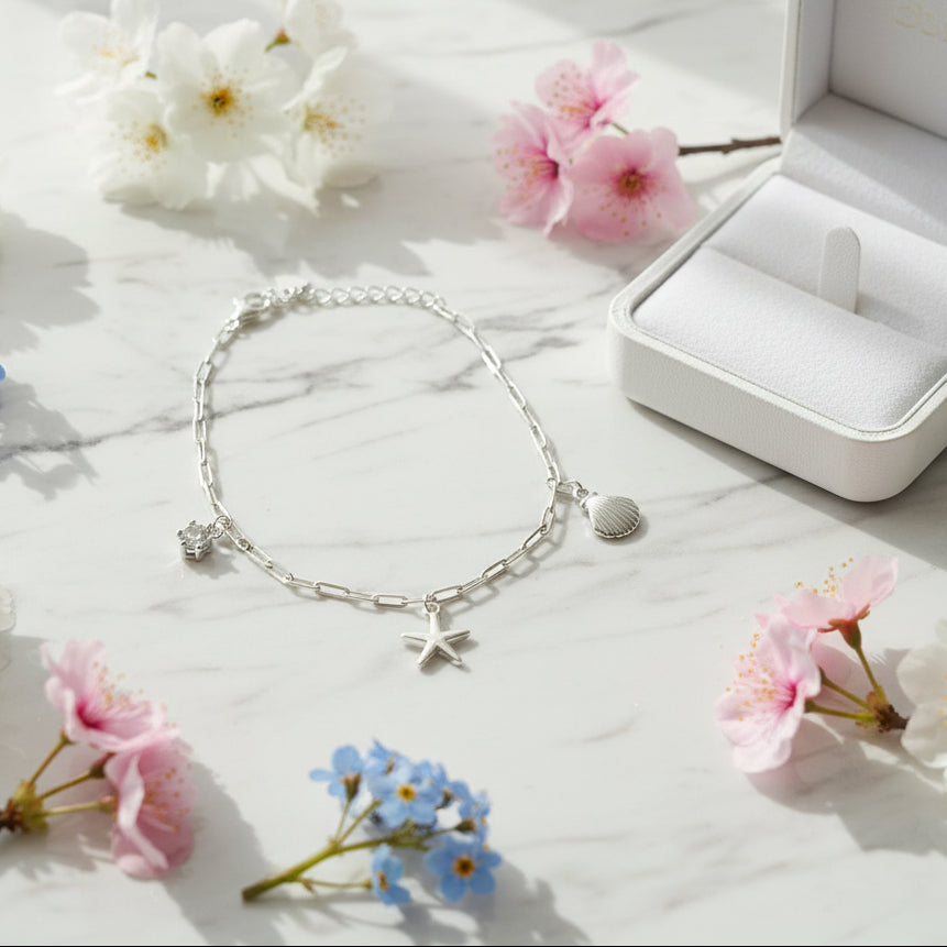 Ocean Starfish and Shell Natural Zircon Gemstone Bracelet set in 925 Sterling Silver