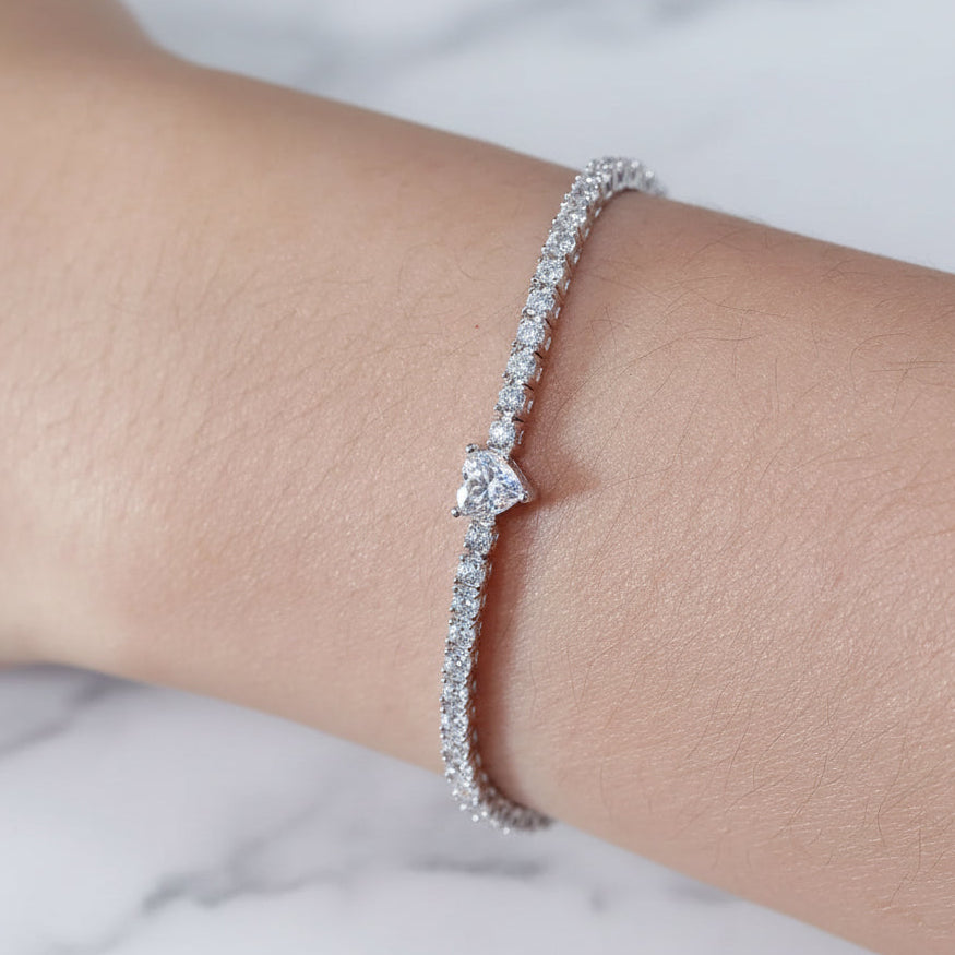 White Heart 0.5 Carat set in Full 2mm Moissanite Diamond Bracelet set in 925 Silver (GRA)