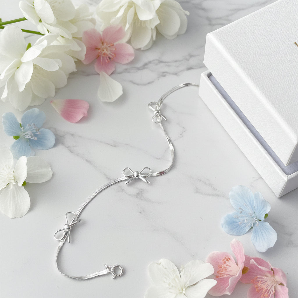 Classic Snake Bone Three Bow Bracelet set in Premium 925 Sterling Silver