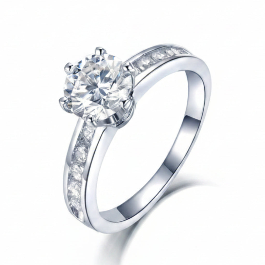 Italian Solitaire Pavé Inlay 1 Carat Moissanite Diamond Ring set in Platinum Plated 925 Silver (GRA)