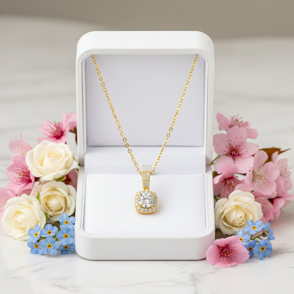 Japanese Micro Inlay 1 Carat Moissanite Diamond Necklace set in 14K Gold Plated 925 Silver (GRA)