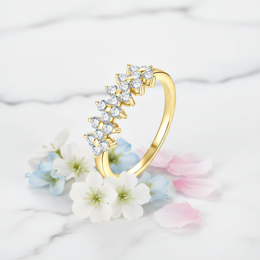 Four Leaf Clover Micro 0.6 Carat Moissanite Diamond Ring set in 18K Gold Plated 925 Silver (GRA)