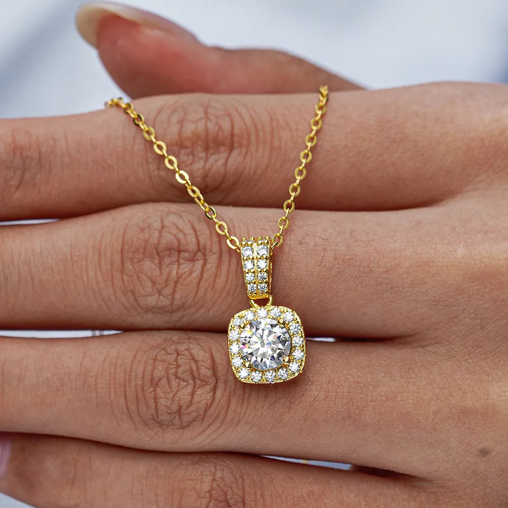 Japanese Micro Inlay 1 Carat Moissanite Diamond Necklace set in 14K Gold Plated 925 Silver (GRA)