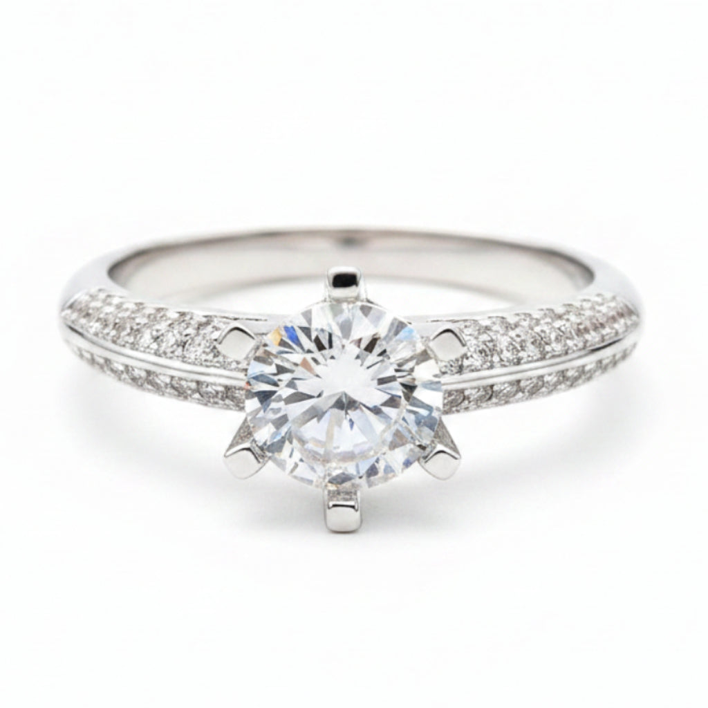 Hearts & Arrows Engagement Ring Pavé Micro Inlay 1 Carat Moissanite Diamond set in Platinum Plated S925 Silver