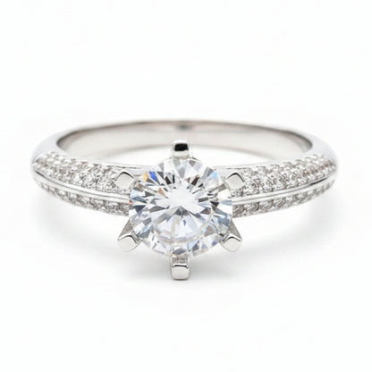 French Hearts & Arrows Pavé Solitaire 1 Carat Moissanite Ring set in Platinum Plated 925 Silver (GRA) Capella Jewellery