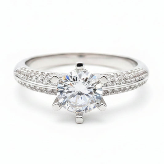 French Hearts & Arrows Pavé Solitaire 1 Carat Moissanite Diamond Ring set in Platinum Plated 925 Silver (GRA)