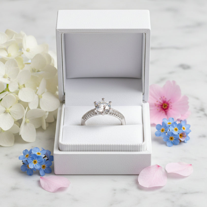 Hearts & Arrows Engagement Ring Pavé Micro Inlay 1 Carat Moissanite Diamond set in Platinum Plated S925 Silver