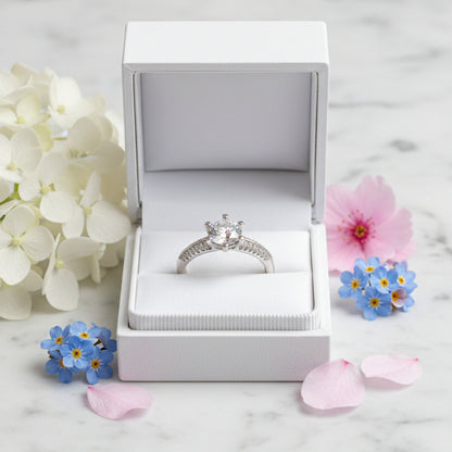 French Hearts & Arrows Pavé Solitaire 1 Carat Moissanite Ring set in Platinum Plated 925 Silver (GRA) Capella Jewellery