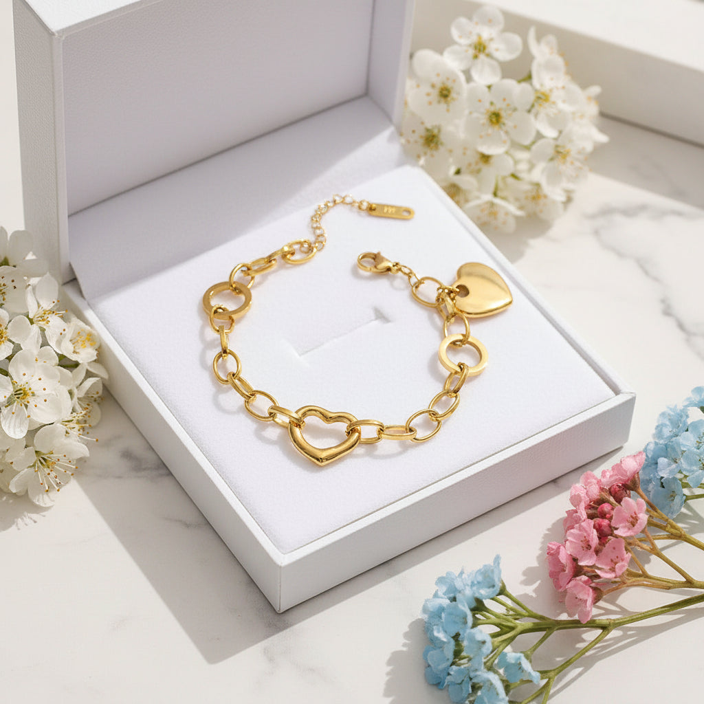 French Designed Chic Heart Shaped Chain Bracelet set in 18K Gold Plating