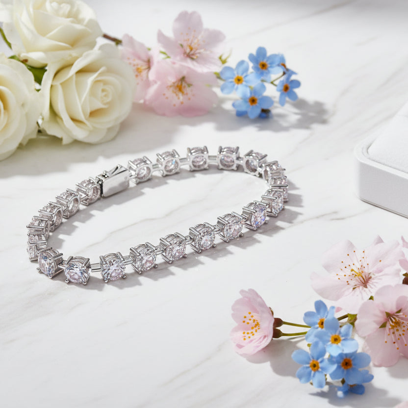 French Time Bracelet Row Of 1 Carat Moissanite set in 18K White Gold Plated 925 Silver (GRA) Capella Jewellery