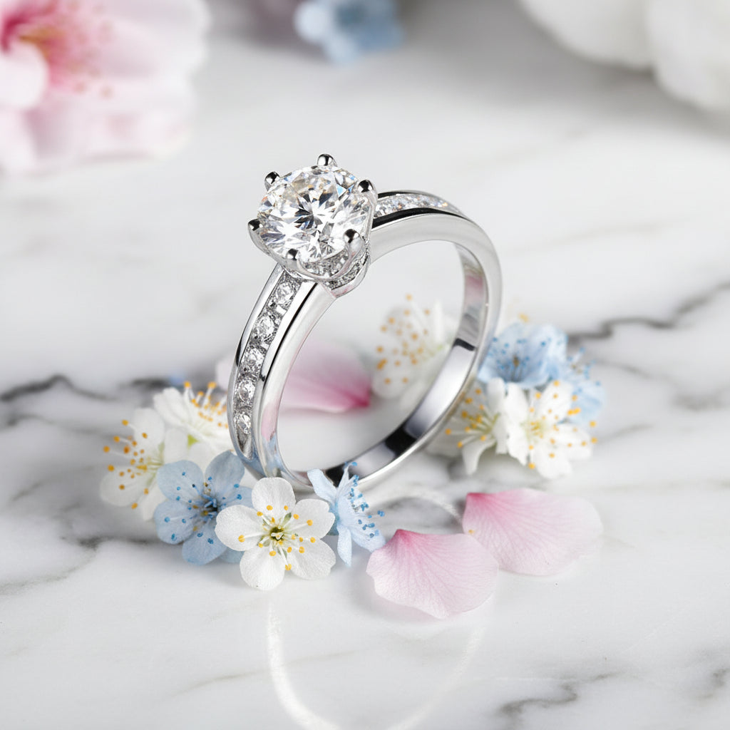 Italian Solitaire Pavé Inlay 1 Carat Moissanite Diamond Ring set in Platinum Plated 925 Silver (GRA)
