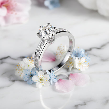 Italian Solitaire Pavé Micro Inlay 1 Carat Moissanite Ring set in Platinum Plated 925 Silver (GRA) Capella Jewellery