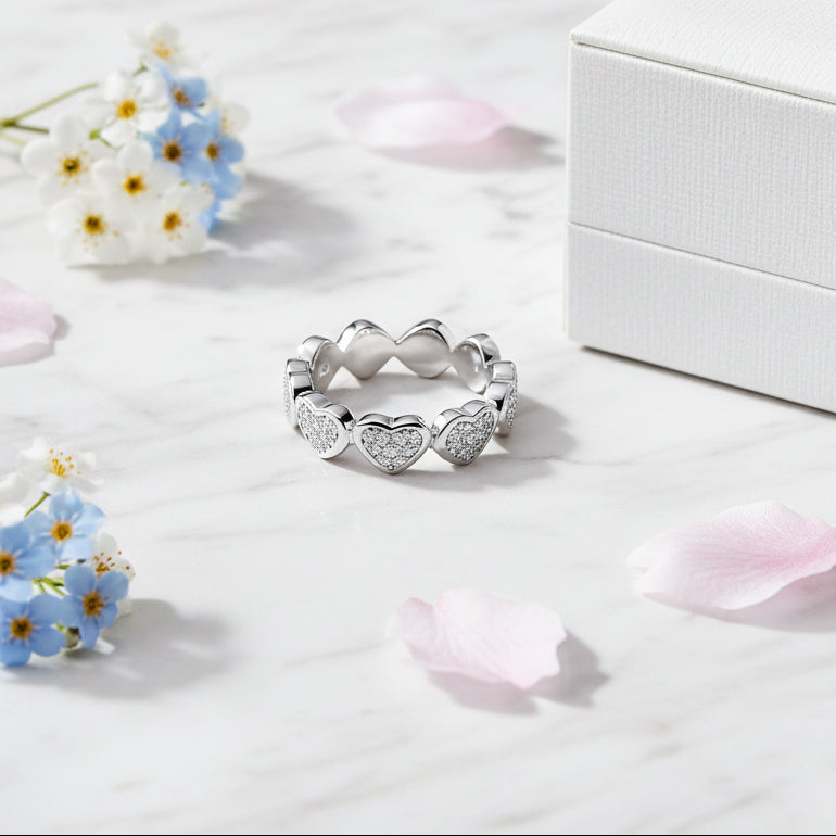 European Pavé Hearts Micro 90 Moissanite Diamond Ring 18K White Gold Plated 925 Silver (GRA)