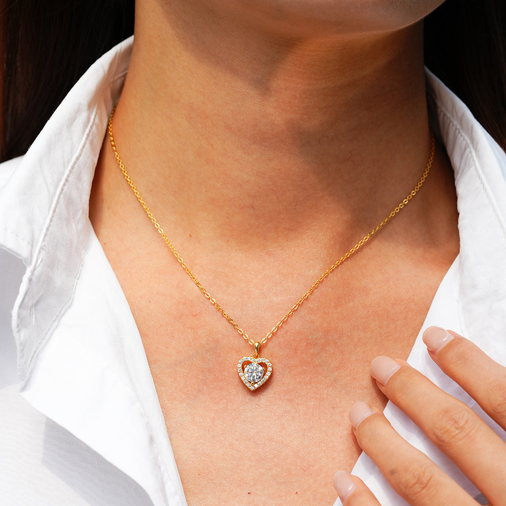 Clavicle Heart 1 Carat Moissanite Diamond Pendant set in 18K Gold Plated 925 Silver (GRA)