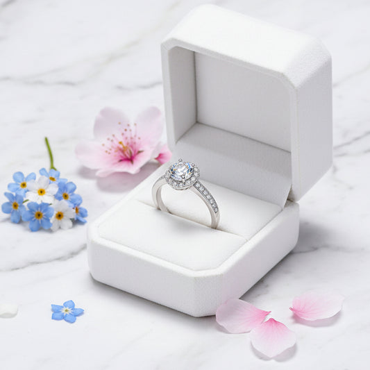 French Halo Pavé Micro Stone Solitaire 0.5 Carat Moissanite Diamond Ring set in 18K White Gold 925 Silver (GRA)