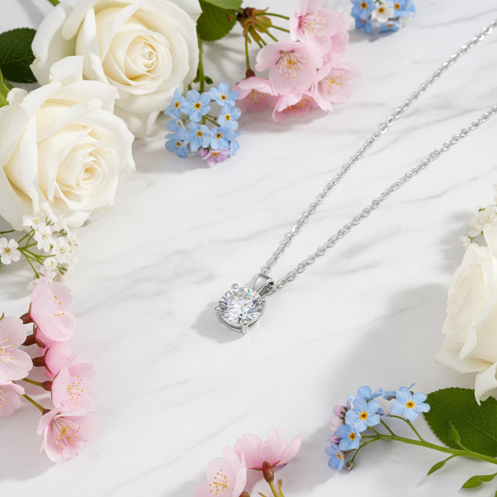 Four Claw 1 Carat Moissanite Diamond Pendent Necklace set in 18K Gold Plated 925 Silver (GRA)