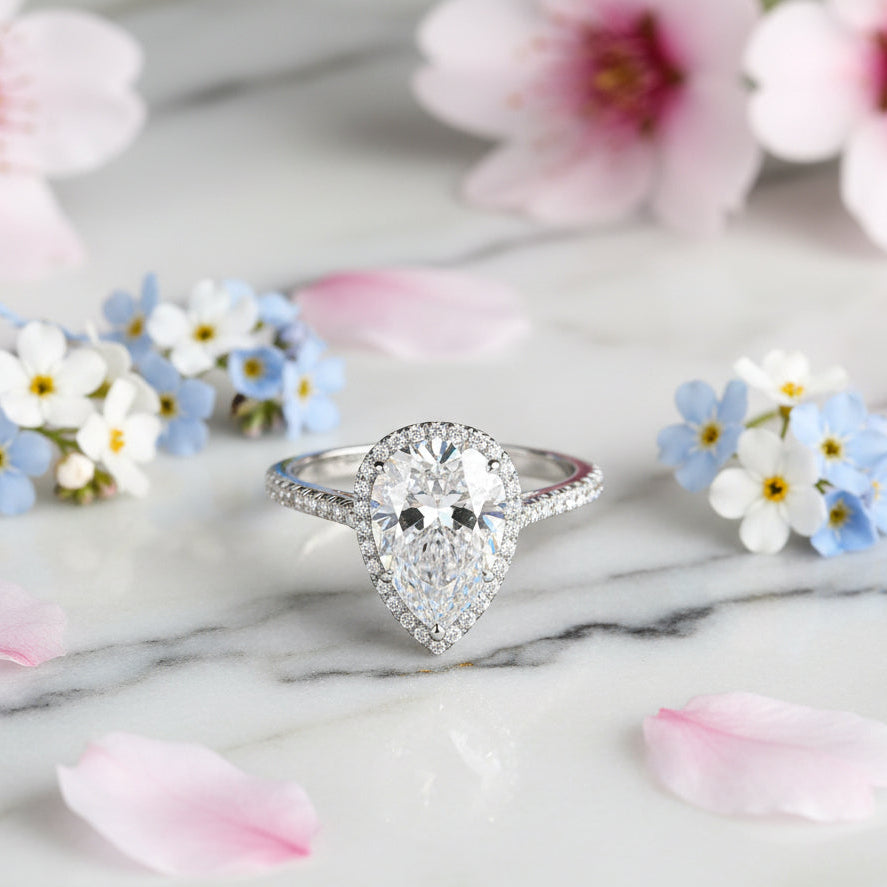 French Teardrop Pavé-set 2 Carat Moissanite Diamond Ring set in 18K White Gold Plated 925 Silver