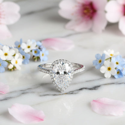 French Teardrop Pavé-set 2 Carat Moissanite Ring set in Platinum Plated 925 Silver (GRA) Capella Jewellery