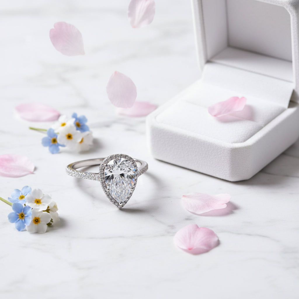 French Teardrop Pavé-set 2 Carat Moissanite Diamond Ring set in 18K White Gold Plated 925 Silver