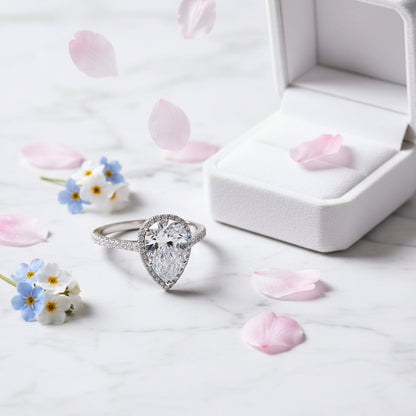 French Teardrop Pavé-set 2 Carat Moissanite Ring set in Platinum Plated 925 Silver (GRA) Capella Jewellery