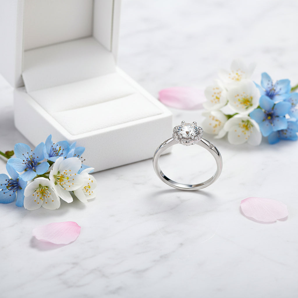 Classic French Flower 1 Carat Moissanite Diamond Ring set in Platinum Plated 925 Silver (GRA)