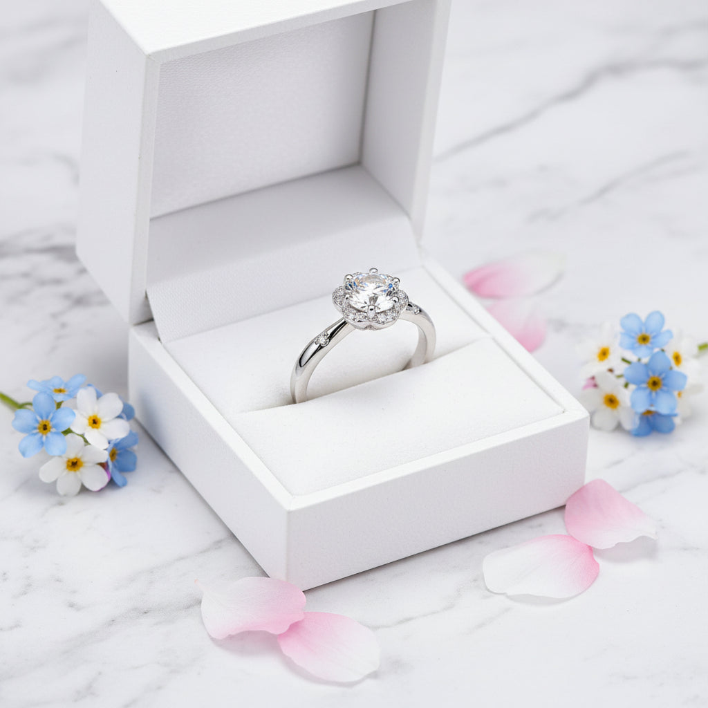 Classic French Flower 1 Carat Moissanite Diamond Ring set in Platinum Plated 925 Silver (GRA)